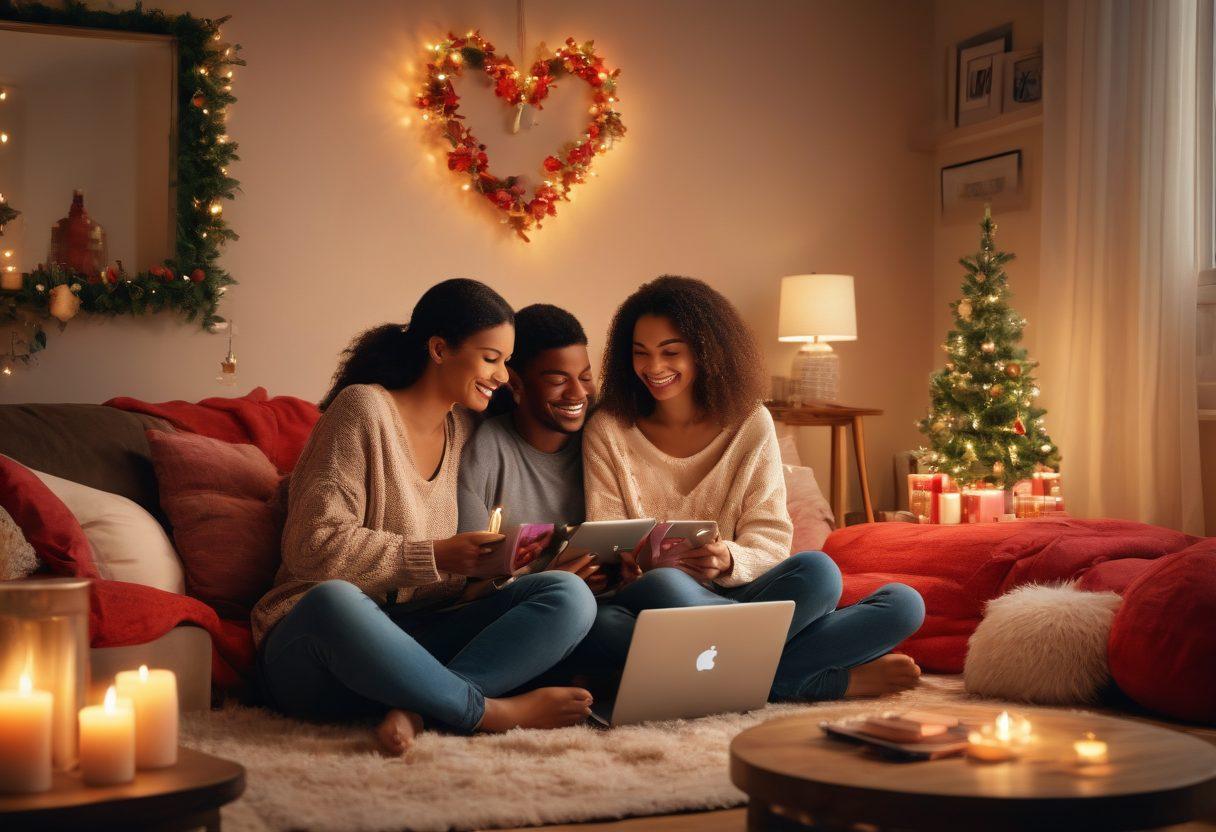 A cozy living room setting featuring a couple joyfully shopping online together, surrounded by romantic elements like heart-shaped decorations and candles. Emphasize their connection with smiles and laughter as they browse through products on a laptop. Soft, warm lighting enhances the affectionate atmosphere. Include hints of shopping bags and a colorful array of items showcasing commitment in their choices. super-realistic. vibrant colors. cozy mood.