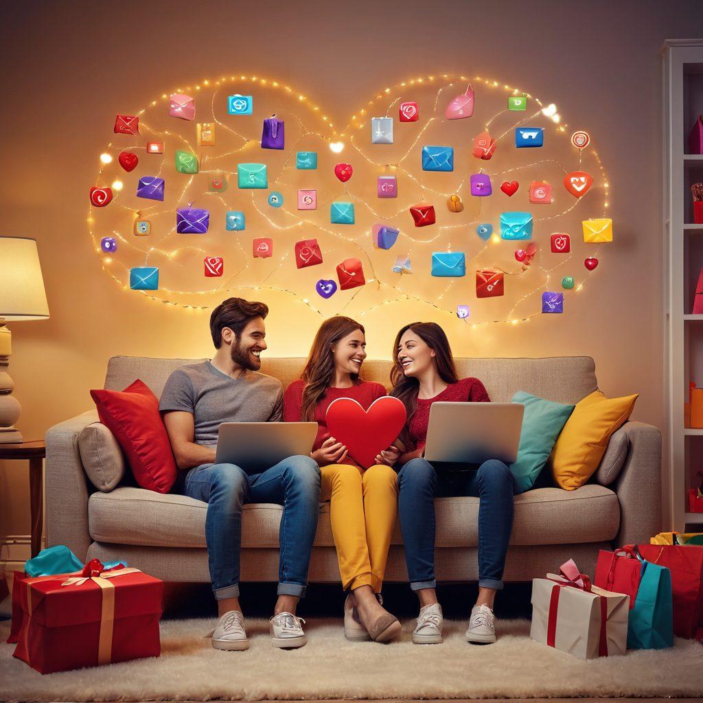 A couple happily shopping online together on a cozy couch, surrounded by shopping bags and a laptop displaying a colorful digital store. Heart icons and connection symbols float above them, representing commitment and love through their purchasing choices. Soft lighting creates a warm and inviting atmosphere. super-realistic. vibrant colors. cozy home setting.
