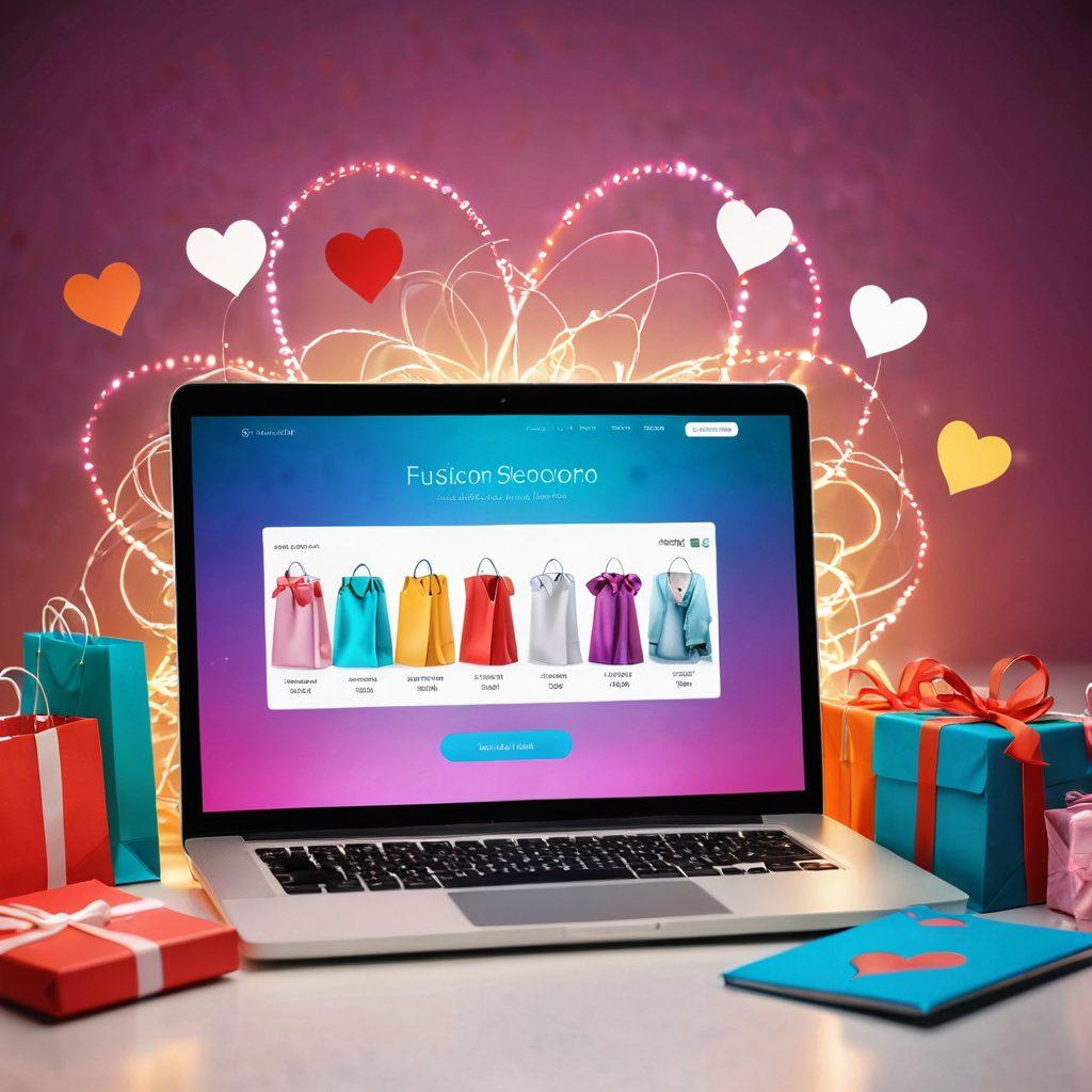 An enchanting e-commerce scene showcasing a warm, inviting online shopping interface, surrounded by delicate hearts and vibrant shopping bags, symbolizing love and connection. Include soft, glowing lights to create an intimate atmosphere, with diverse people happily engaged in shopping together, highlighting devotion to each other. The background features subtle, intertwined tech elements to symbolize the fusion of technology and emotion. super-realistic. vibrant colors. soft focus.